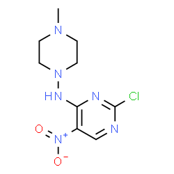 ChemSpider 2D Image | 2-Chloro-N-(4-methyl-1-piperazinyl)-5-nitro-4-pyrimidinamine | C9H13ClN6O2