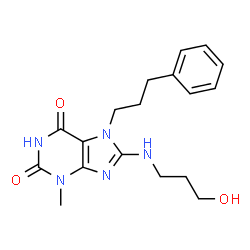 ChemSpider 2D Image | 8-[(3-Hydroxypropyl)amino]-3-methyl-7-(3-phenylpropyl)-3,7-dihydro-1H-purine-2,6-dione | C18H23N5O3