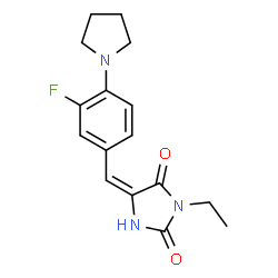ChemSpider 2D Image | (5E)-3-Ethyl-5-[3-fluoro-4-(1-pyrrolidinyl)benzylidene]-2,4-imidazolidinedione | C16H18FN3O2