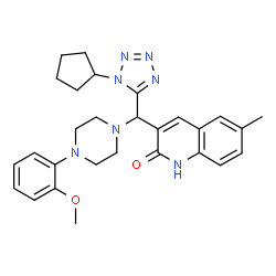 ChemSpider 2D Image | 3-{(1-Cyclopentyl-1H-tetrazol-5-yl)[4-(2-methoxyphenyl)-1-piperazinyl]methyl}-6-methyl-2(1H)-quinolinone | C28H33N7O2