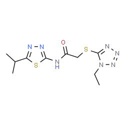 ChemSpider 2D Image | 2-[(1-Ethyl-1H-tetrazol-5-yl)sulfanyl]-N-(5-isopropyl-1,3,4-thiadiazol-2-yl)acetamide | C10H15N7OS2