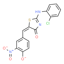 ChemSpider 2D Image | 4-[(E)-{2-[(2-Chlorophenyl)amino]-4-oxo-1,3-thiazol-5(4H)-ylidene}methyl]-2-nitrophenolate | C16H9ClN3O4S