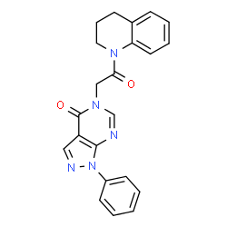ChemSpider 2D Image | 5-[2-(3,4-Dihydro-2H-quinolin-1-yl)-2-oxo-ethyl]-1-phenyl-1,5-dihydro-pyrazolo[3,4-d]pyrimidin-4-one | C22H19N5O2