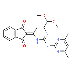 ChemSpider 2D Image | 1-(2,2-Dimethoxyethyl)-2-(4,6-dimethyl-2-pyrimidinyl)-3-[1-(1,3-dioxo-1,3-dihydro-2H-inden-2-ylidene)ethyl]guanidine | C22H25N5O4