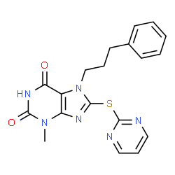 ChemSpider 2D Image | 3-Methyl-7-(3-phenylpropyl)-8-(2-pyrimidinylsulfanyl)-3,7-dihydro-1H-purine-2,6-dione | C19H18N6O2S
