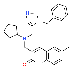 ChemSpider 2D Image | 3-({[(1-Benzyl-1H-tetrazol-5-yl)methyl](cyclopentyl)amino}methyl)-6-methyl-2(1H)-quinolinone | C25H28N6O