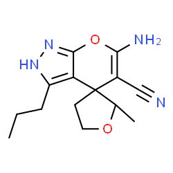 ChemSpider 2D Image | 6'-Amino-2-methyl-3'-propyl-4,5-dihydro-2'H-spiro[furan-3,4'-pyrano[2,3-c]pyrazole]-5'-carbonitrile | C14H18N4O2