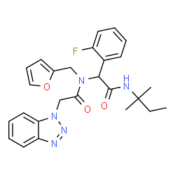 ChemSpider 2D Image | 2-(1H-Benzotriazol-1-yl)-N-{1-(2-fluorophenyl)-2-[(2-methyl-2-butanyl)amino]-2-oxoethyl}-N-(2-furylmethyl)acetamide | C26H28FN5O3