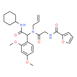 ChemSpider 2D Image | N-(2-{Allyl[2-(cyclohexylamino)-1-(2,4-dimethoxyphenyl)-2-oxoethyl]amino}-2-oxoethyl)-2-furamide | C26H33N3O6