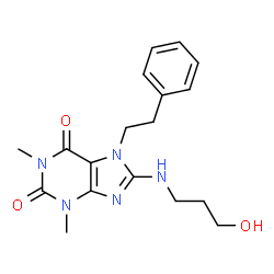 ChemSpider 2D Image | 8-[(3-Hydroxypropyl)amino]-1,3-dimethyl-7-(2-phenylethyl)-3,7-dihydro-1H-purine-2,6-dione | C18H23N5O3