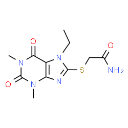 ChemSpider 2D Image | 2-[(7-Ethyl-1,3-dimethyl-2,6-dioxo-2,3,6,7-tetrahydro-1H-purin-8-yl)sulfanyl]acetamide | C11H15N5O3S