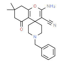ChemSpider 2D Image | 2-Amino-1'-benzyl-7,7-dimethyl-5-oxo-5,6,7,8-tetrahydrospiro[chromene-4,4'-piperidine]-3-carbonitrile | C23H27N3O2