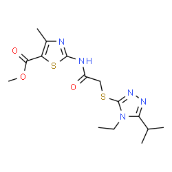 ChemSpider 2D Image | Methyl 2-({[(4-ethyl-5-isopropyl-4H-1,2,4-triazol-3-yl)sulfanyl]acetyl}amino)-4-methyl-1,3-thiazole-5-carboxylate | C15H21N5O3S2