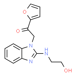 ChemSpider 2D Image | 1-(2-Furyl)-2-{2-[(2-hydroxyethyl)amino]-1H-benzimidazol-1-yl}ethanone | C15H15N3O3
