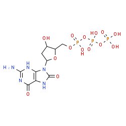 ChemSpider 2D Image | 2-Amino-9-[2-deoxy-5-O-(hydroxy{[hydroxy(phosphonooxy)phosphoryl]oxy}phosphoryl)pentofuranosyl]-7,9-dihydro-3H-purine-6,8-dione | C10H16N5O14P3