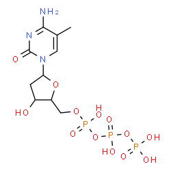 ChemSpider 2D Image | 4-Amino-1-[2-deoxy-5-O-(hydroxy{[hydroxy(phosphonooxy)phosphoryl]oxy}phosphoryl)pentofuranosyl]-5-methyl-2(1H)-pyrimidinone | C10H18N3O13P3