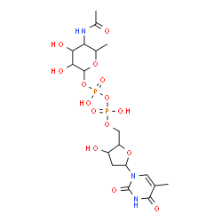 ChemSpider 2D Image | 5-Acetamido-3,4-dihydroxy-6-methyltetrahydro-2H-pyran-2-yl [3-hydroxy-5-(5-methyl-2,4-dioxo-3,4-dihydro-1(2H)-pyrimidinyl)tetrahydro-2-furanyl]methyl dihydrogen diphosphate | C18H29N3O15P2