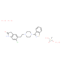ChemSpider 2D Image | 5-{2-[4-(1,2-Benzothiazol-3-yl)-1-piperazinyl]ethyl}-6-chloro-1,3-dihydro-2H-indol-2-one methanesulfonate hydrate (1:1:3) | C22H31ClN4O7S2