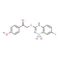 ChemSpider 2D Image | 2-[(7-Fluoro-1,1-dioxido-4H-1,2,4-benzothiadiazin-3-yl)sulfanyl]-1-(4-methoxyphenyl)ethanone | C16H13FN2O4S2