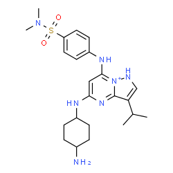 ChemSpider 2D Image | 5-[(4-Aminocyclohexyl)amino]-7-{[4-(dimethylsulfamoyl)phenyl]amino}-3-isopropyl-1H-pyrazolo[1,5-a]pyrimidin-8-ium | C23H34N7O2S