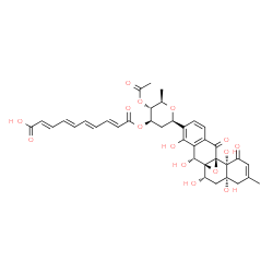 ChemSpider 2D Image | (1R)-4-O-Acetyl-1,5-anhydro-3-O-[(2E,4E,6E,8E)-9-carboxy-2,4,6,8-nonatetraenoyl]-2,6-dideoxy-1-[(1S,2R,7R,9S,10S,11R)-2,7,9,11,13-pentahydroxy-5-methyl-3,18-dioxo-19-oxapentacyclo[8.8.1.0~1,10~.0~2,7~
.0~12,17~]nonadeca-4,12,14,16-tetraen-14-yl]-D-arabino-hexitol | C37H38O15