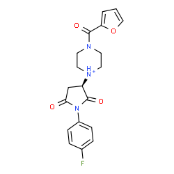 ChemSpider 2D Image | 1-[(3R)-1-(4-Fluorophenyl)-2,5-dioxo-3-pyrrolidinyl]-4-(2-furoyl)piperazin-1-ium | C19H19FN3O4