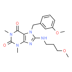 ChemSpider 2D Image | 7-(3-Methoxybenzyl)-8-[(3-methoxypropyl)amino]-1,3-dimethyl-3,7-dihydro-1H-purine-2,6-dione | C19H25N5O4