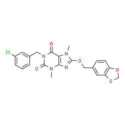 ChemSpider 2D Image | 8-(1,3-Benzodioxol-5-ylmethoxy)-1-(3-chlorobenzyl)-3,7-dimethyl-3,7-dihydro-1H-purine-2,6-dione | C22H19ClN4O5