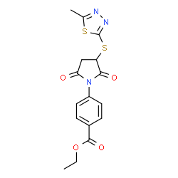 ChemSpider 2D Image | Ethyl 4-{3-[(5-methyl-1,3,4-thiadiazol-2-yl)sulfanyl]-2,5-dioxo-1-pyrrolidinyl}benzoate | C16H15N3O4S2