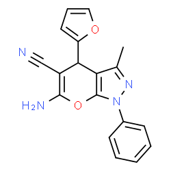 ChemSpider 2D Image | 6-Amino-4-(2-furyl)-3-methyl-1-phenyl-1,4-dihydropyrano[2,3-c]pyrazole-5-carbonitrile | C18H14N4O2