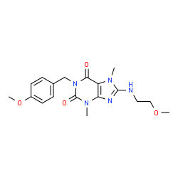 ChemSpider 2D Image | 1-(4-Methoxybenzyl)-8-[(2-methoxyethyl)amino]-3,7-dimethyl-3,7-dihydro-1H-purine-2,6-dione | C18H23N5O4