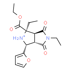 ChemSpider 2D Image | (1R,3R,3aS,6aS)-1-(Ethoxycarbonyl)-1,5-diethyl-3-(2-furyl)-4,6-dioxooctahydropyrrolo[3,4-c]pyrrol-2-ium | C17H23N2O5