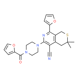 ChemSpider 2D Image | 6-[4-(2-Furoyl)-1-piperazinyl]-8-(2-furyl)-3,3-dimethyl-3,4-dihydro-1H-thiopyrano[3,4-c]pyridine-5-carbonitrile | C24H24N4O3S