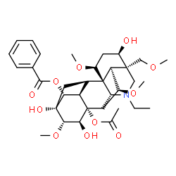 ChemSpider 2D Image | (3alpha,6alpha,14beta,15alpha,16beta)-8-Acetoxy-20-ethyl-3,13,15-trihydroxy-1,6,16-trimethoxy-4-(methoxymethyl)aconitan-14-yl benzoate | C34H47NO11