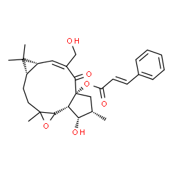 ChemSpider 2D Image | (1bR,2S,3S,4aR,6Z,7aR,8aS)-2-Hydroxy-6-(hydroxymethyl)-3,8,8,10a-tetramethyl-5-oxo-1a,1b,2,3,4,5,7a,8,8a,9,10,10a-dodecahydro-4aH-cyclopenta[10,11]cyclopropa[5,6]cycloundeca[1,2-b]oxiren-4a-yl (2E)-3-
phenylacrylate | C29H36O6