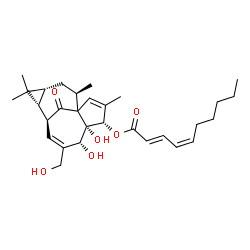 ChemSpider 2D Image | (4S,5S,6R,9S,10R,12R,14R)-5,6-Dihydroxy-7-(hydroxymethyl)-3,11,11,14-tetramethyl-15-oxotetracyclo[7.5.1.0~1,5~.0~10,12~]pentadeca-2,7-dien-4-yl (2E,4Z)-2,4-decadienoate | C30H42O6