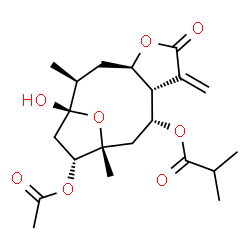 ChemSpider 2D Image | (1R,2S,4R,8S,9R,11R,12R)-12-Acetoxy-1-hydroxy-2,11-dimethyl-7-methylene-6-oxo-5,14-dioxatricyclo[9.2.1.0~4,8~]tetradec-9-yl 2-methylpropanoate | C21H30O8