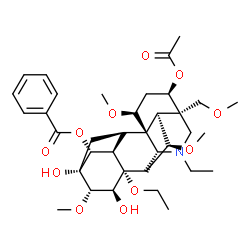 ChemSpider 2D Image | (3alpha,6alpha,14beta,15alpha,16beta)-3-Acetoxy-8-ethoxy-20-ethyl-13,15-dihydroxy-1,6,16-trimethoxy-4-(methoxymethyl)aconitan-14-yl benzoate | C36H51NO11