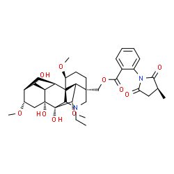 ChemSpider 2D Image | [(1alpha,6beta,11beta,13alpha,14beta,16beta,17R)-20-Ethyl-7,8,14-trihydroxy-1,6,16-trimethoxyaconitan-4-yl]methyl 2-[(3S)-3-methyl-2,5-dioxo-1-pyrrolidinyl]benzoate | C36H48N2O10