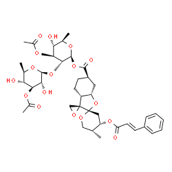 ChemSpider 2D Image | 3-O-Acetyl-2-O-(3-O-acetyl-6-deoxy-beta-D-glucopyranosyl)-6-deoxy-1-O-{[(2S,2'S,3a'R,4''S,5''R,6'R,7a'S)-5''-methyl-4''-{[(2E)-3-phenyl-2-propenoyl]oxy}decahydrodispiro[oxirane-2,3'-[1]benzofuran-2',2
''-pyran]-6'-yl]carbonyl}-beta-D-glucopyranose | C40H52O17