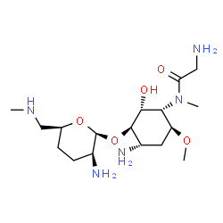ChemSpider 2D Image | (1R,2R,3S,4S,6S)-6-Amino-3-[glycyl(methyl)amino]-2-hydroxy-4-methoxycyclohexyl 2-amino-2,3,4,6-tetradeoxy-6-(methylamino)-beta-D-threo-hexopyranoside | C17H35N5O5