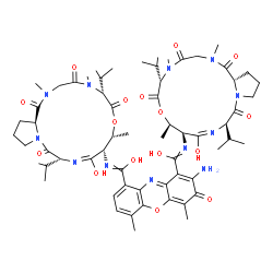 ChemSpider 2D Image | 2-Amino-N~9~-[(6R,9R,10S,11E,13R,18aS)-11-hydroxy-6,13-diisopropyl-2,5,9-trimethyl-1,4,7,14-tetraoxo-2,3,4,5,6,7,9,10,13,14,16,17,18,18a-tetradecahydro-1H-pyrrolo[2,1-i][1,4,7,10,13]oxatetraazacyclohe
xadecin-10-yl]-N~1~-[(6S,9R,10S,11E,13R,18aS)-11-hydroxy-6,13-diisopropyl-2,5,9-trimethyl-1,4,7,14-tetraoxo-2,3,4,5,6,7,9,10,13,14,16,17,18,18a-tetradecahydro-1H-pyrrolo[2,1-i][1,4,7,10,13]oxatetraaza
cyclohexadecin-10-yl]-4,6-dimethyl-3-oxo-3H-phenoxazine-1,9-dicarboximidic acid | C62H86N12O16