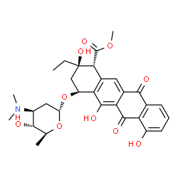 ChemSpider 2D Image | Methyl (1R,2R,4S)-2-ethyl-2,5,7-trihydroxy-6,11-dioxo-4-{[2,3,6-trideoxy-3-(dimethylamino)-alpha-L-arabino-hexopyranosyl]oxy}-1,2,3,4,6,11-hexahydro-1-tetracenecarboxylate | C30H35NO10