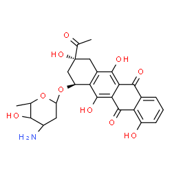 ChemSpider 2D Image | (1S,3R)-3-Acetyl-3,5,10,12-tetrahydroxy-6,11-dioxo-1,2,3,4,6,11-hexahydro-1-tetracenyl 3-amino-2,3,6-trideoxyhexopyranoside | C26H27NO10