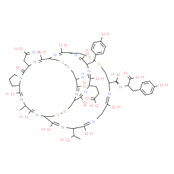 ChemSpider 2D Image | N-{[(2E,5E,14E,22E,25E,28E,31E,39E,42E,45E,51E)-21-Amino-27-(2-carboxyethyl)-3,6,15,22,25,28,31,40,43,46,51-undecahydroxy-30-(4-hydroxybenzyl)-44-(1-hydroxyethyl)-13-(2-hydroxy-2-iminoethyl)-4-methyl-
12-oxo-18,19,35,36,48,49-hexathia-2,5,11,14,23,26,29,32,39,42,45,52-dodecaazatetracyclo[22.22.4.2~16,33~.0~7,11~]dopentaconta-2,5,14,22,25,28,31,39,42,45,51-undecaen-38-yl](hydroxy)methylene}tyrosine | C59H79N15O21S6