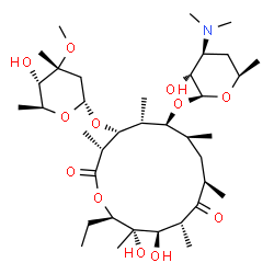 ChemSpider 2D Image | (3R,4R,5R,6S,7S,9R,11R,12R,13S,14R)-6-{[(2S,3R,4S,6R)-4-(Dimethylamino)-3-hydroxy-6-methyltetrahydro-2H-pyran-2-yl]oxy}-14-ethyl-12,13-dihydroxy-4-{[(2R,4R,5S,6S)-5-hydroxy-4-methoxy-4,6-dimethyltetra
hydro-2H-pyran-2-yl]oxy}-3,5,7,9,11,13-hexamethyloxacyclotetradecane-2,10-dione (non-preferred name) | C37H67NO12