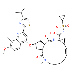 ChemSpider 2D Image | (2R,3aR,10Z,11aS,12aS,13E,14aR)-N-(Cyclopropylsulfonyl)-14-hydroxy-2-{[2-(4-isopropyl-1,3-thiazol-2-yl)-7-methoxy-8-methyl-4-quinolinyl]oxy}-5-methyl-4-oxo-2,3,3a,4,5,6,7,8,9,11a,12,14a-dodecahydrocyc
lopenta[c]cyclopropa[g][1,6]diazacyclotetradecine-12a(1H)-carboximidic acid | C38H47N5O7S2