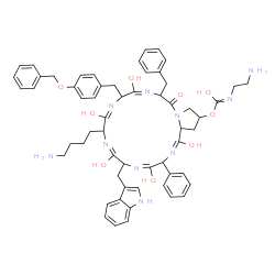 ChemSpider 2D Image | (1E,4E,7E,10E,13E)-9-(4-Aminobutyl)-15-benzyl-12-[4-(benzyloxy)benzyl]-1,4,7,10,13-pentahydroxy-6-(1H-indol-3-ylmethyl)-16-oxo-3-phenyl-3,6,9,12,15,16,18,19,20,20a-decahydropyrrolo[1,2-a][1,4,7,10,13,
16]hexaazacyclooctadecin-19-yl hydrogen (2-aminoethyl)carbonimidate | C58H66N10O9