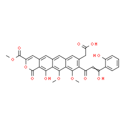 ChemSpider 2D Image | {12-Hydroxy-9-[3-hydroxy-3-(2-hydroxyphenyl)acryloyl]-10,11-dimethoxy-3-(methoxycarbonyl)-1-oxo-1H-naphtho[2,3-g]isochromen-8-yl}acetic acid | C32H24O12