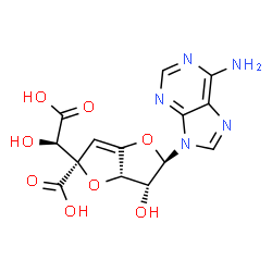 ChemSpider 2D Image | 9-{(6R)-3,6-Anhydro-6-carboxy-6-[(R)-carboxy(hydroxy)methyl]-5-deoxy-beta-D-erythro-hex-4-enofuranosyl}-9H-purin-6-amine | C14H13N5O8